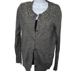 🌺5/$25 MERONA Womens Gray Button Down Cardigan Bedazzled Rhinestone Medium